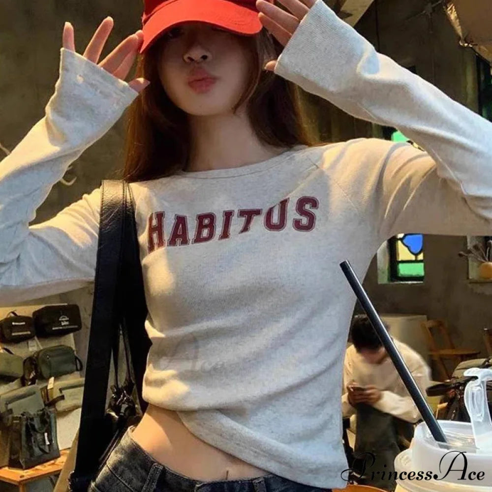 Stylish 2000s Letter Print Ribbed Long Sleeve Knit Top knittop-250126