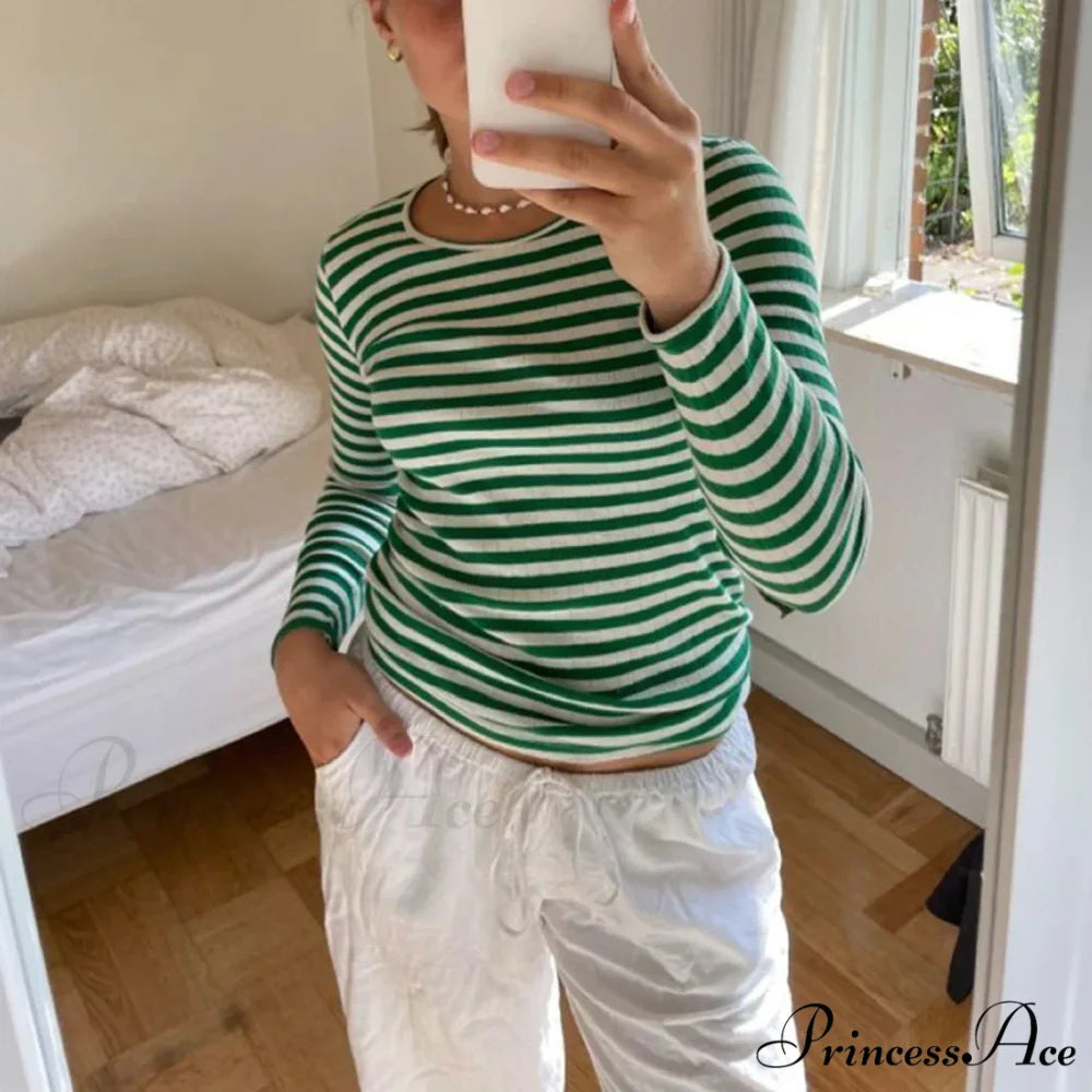 Stylish 2000s Striped Ribbed Knitted Crop Long Sleeve Knit Top GREEN / S knittop-250126