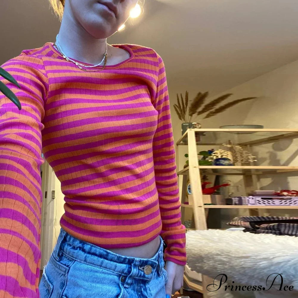 Stylish 2000s Striped Ribbed Knitted Crop Long Sleeve Knit Top PINK / S knittop-250126