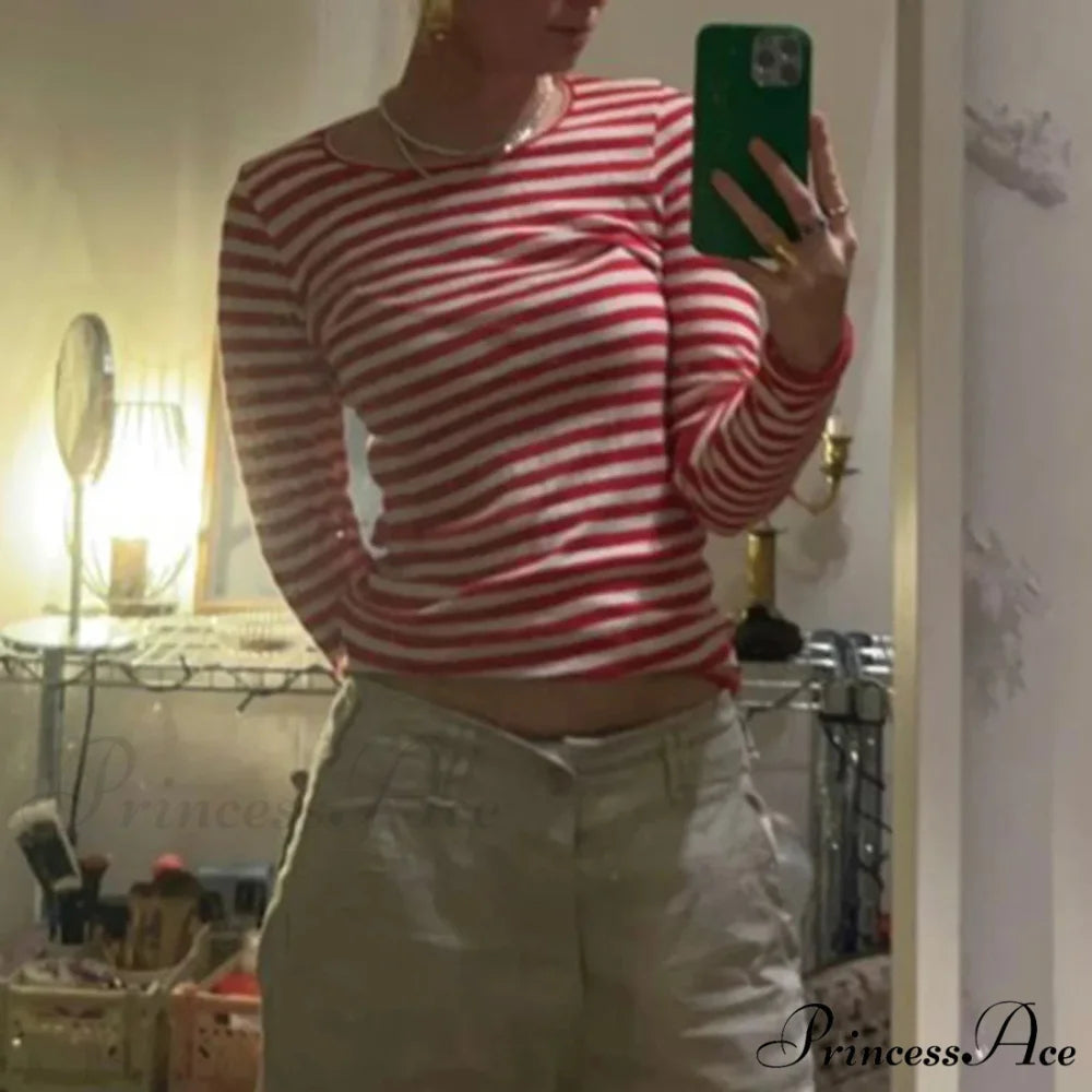 Stylish 2000s Striped Ribbed Knitted Crop Long Sleeve Knit Top RED / S knittop-250126