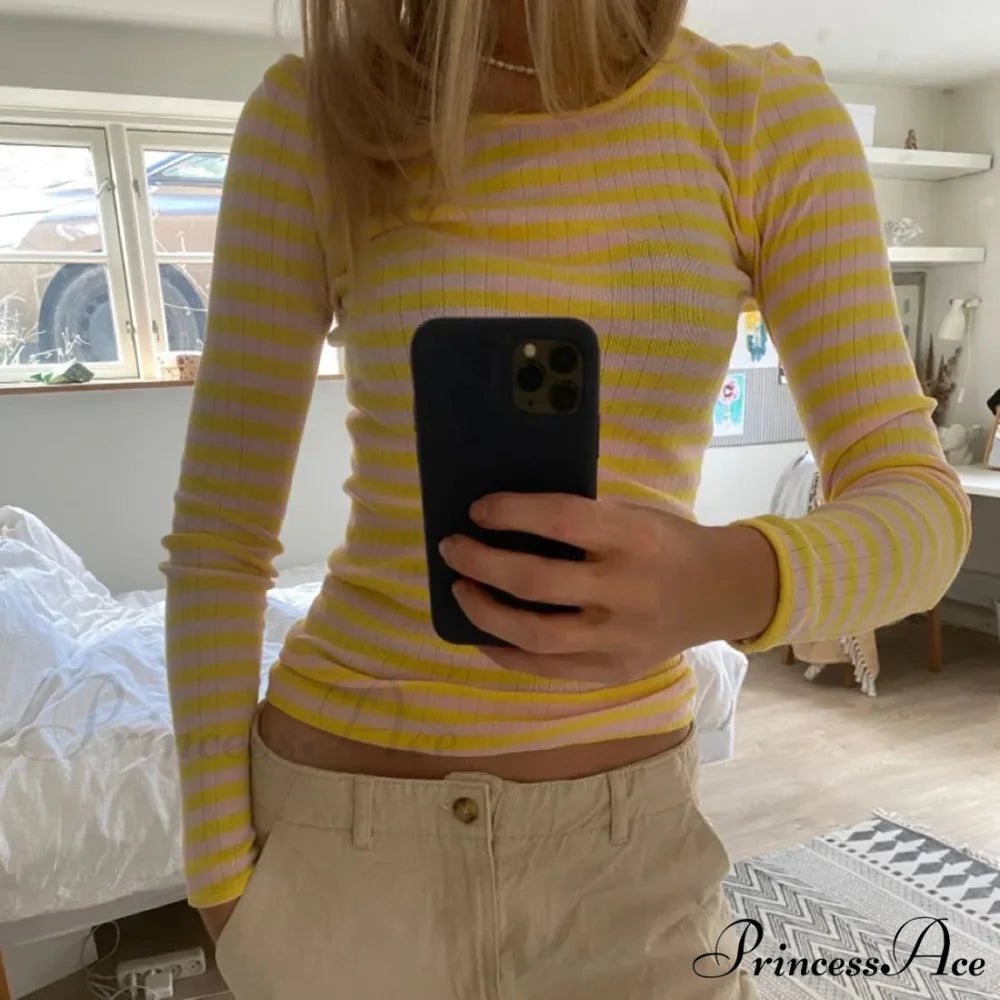 Stylish 2000s Striped Ribbed Knitted Crop Long Sleeve Knit Top YELLOW / S knittop-250126