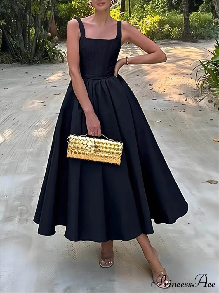 Stylish And Elegant Off-Shoulder Graceful Strapless Sleeveless Mixi Dress Black / S