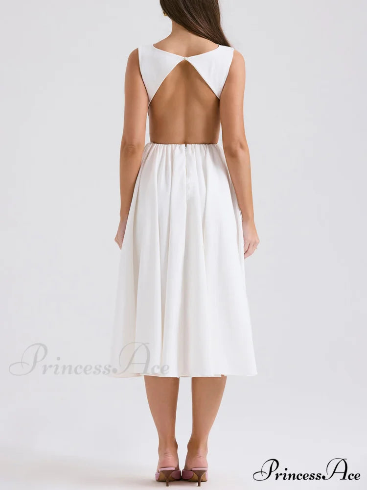 Stylish And Elegant Solid Color Trendy Round Neck Backless Sleeveless Midi Dress