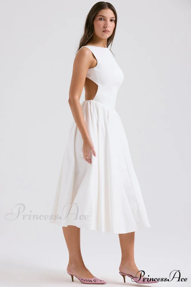 Stylish And Elegant Solid Color Trendy Round Neck Backless Sleeveless Midi Dress