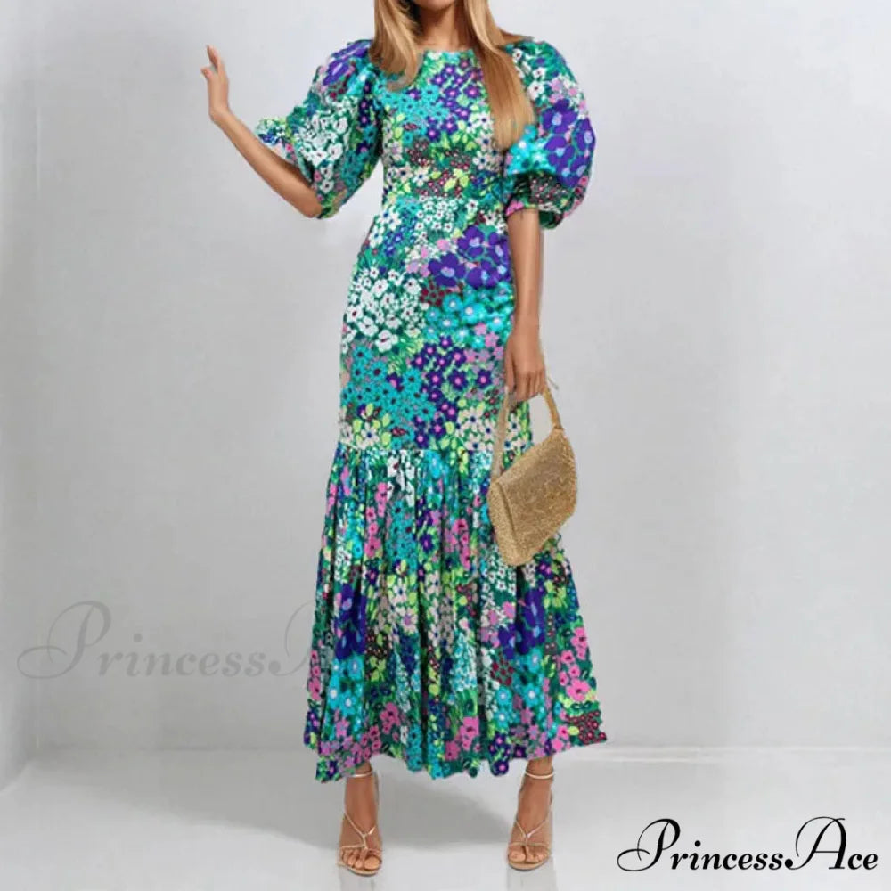 Stylish Azure Floral Lantern Sleeve Dress Green / S oldfloraldress-250126