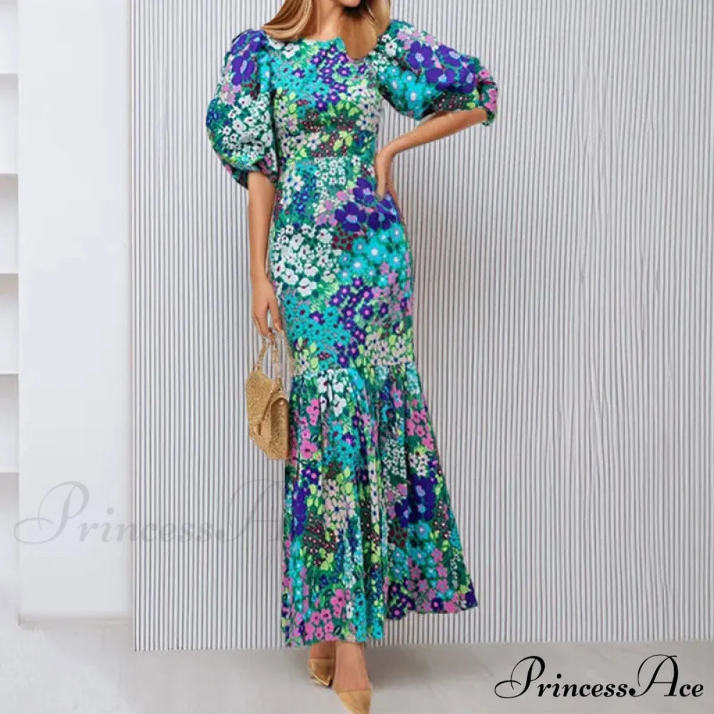 Stylish Azure Floral Lantern Sleeve Dress oldfloraldress-250126