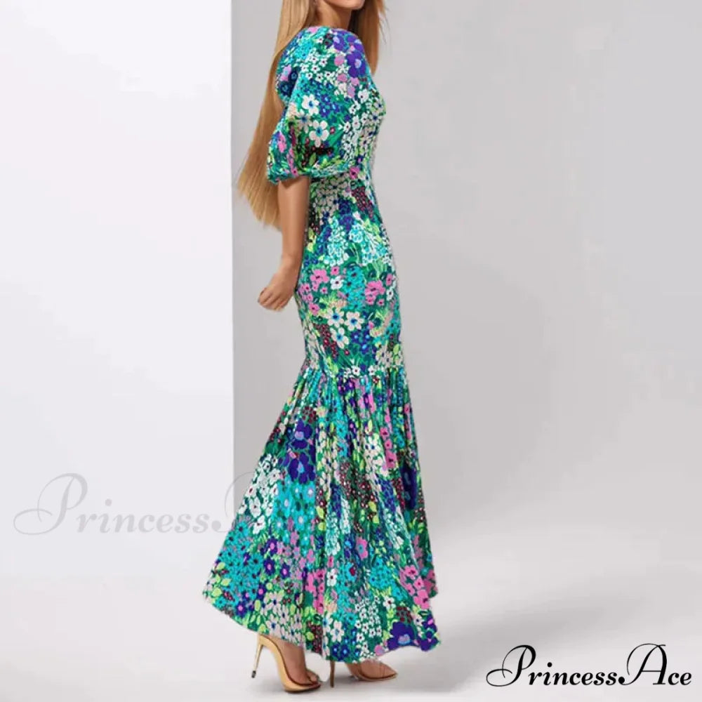 Stylish Azure Floral Lantern Sleeve Dress oldfloraldress-250126