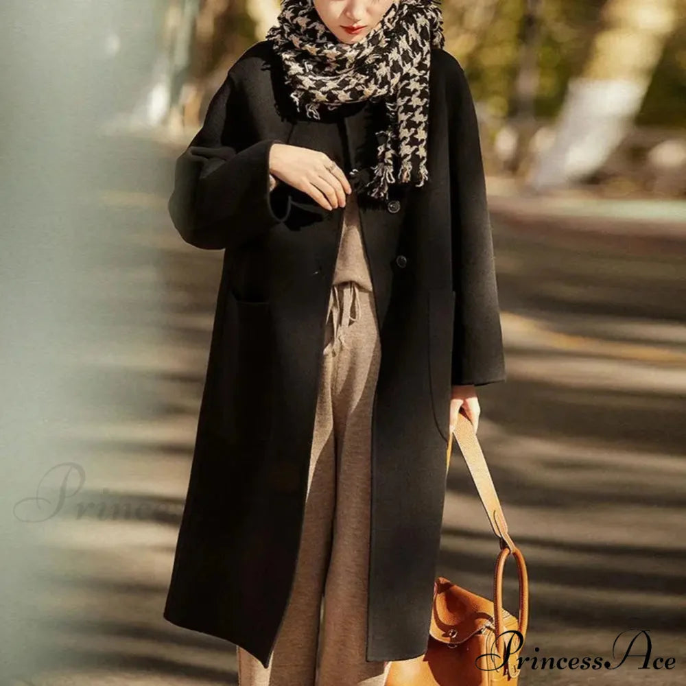 Stylish Black O-neck Puff Sleeve Overcoat Black / M overcoats-241228