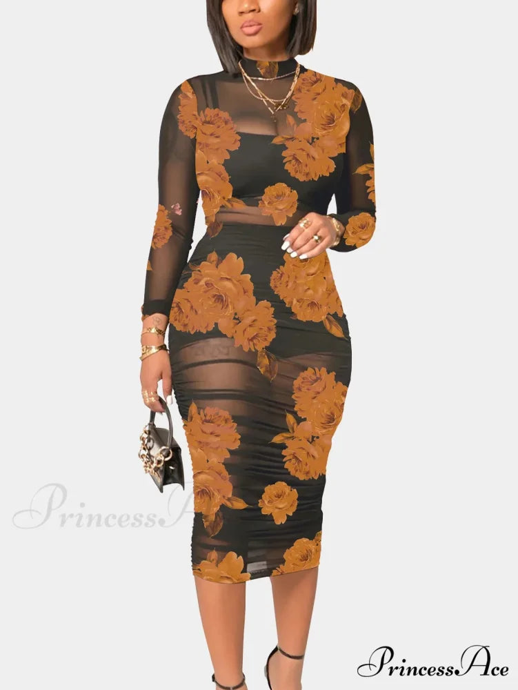 Stylish Blossom Net Medium Length Seductive Celebration Dress Khaki / S oldfloraldress-250126