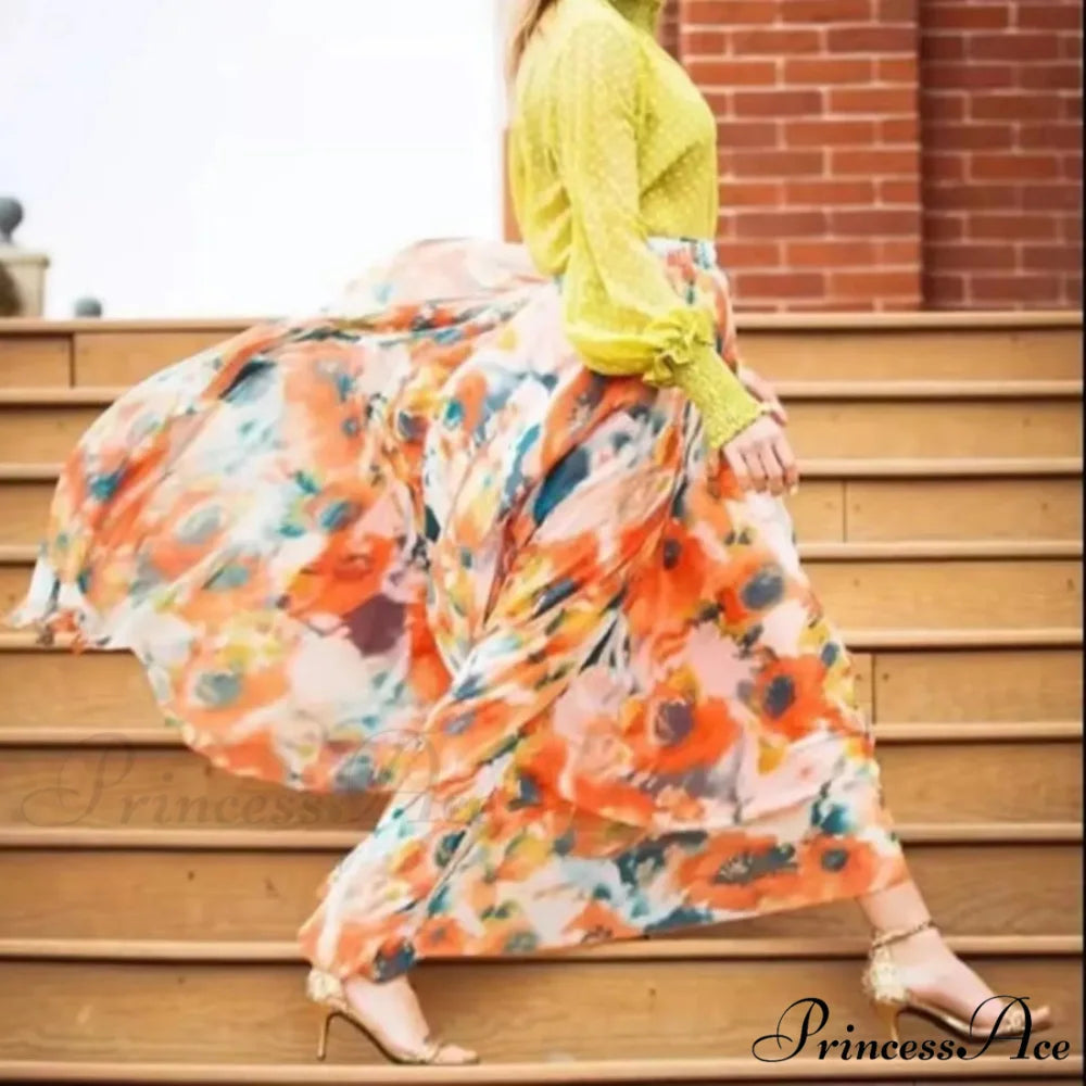 Stylish Bohemian Chiffon Floral Long Elevated Waist Pleated Skirt A / S skirt-250126