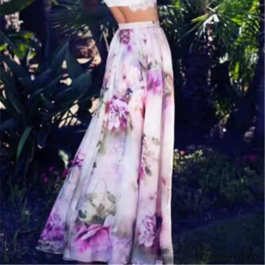 Stylish Bohemian Chiffon Floral Long Elevated Waist Pleated Skirt Purple / S skirt-250126