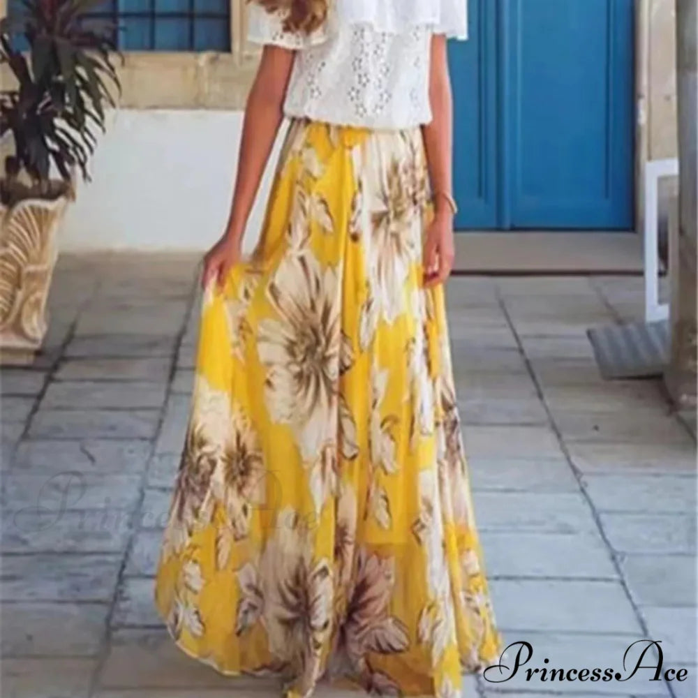 Stylish Bohemian Chiffon Floral Long Elevated Waist Pleated Skirt Yellow / S skirt-250126