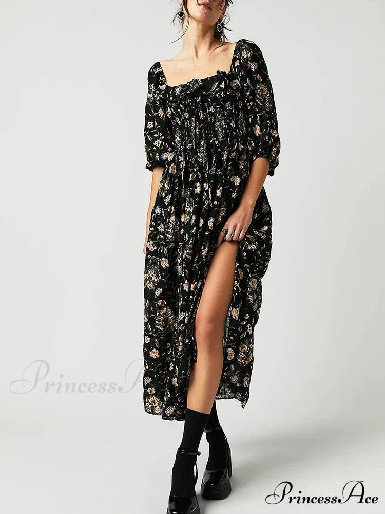 Stylish Bohemian Open-Back Frilly Flower Dress Black / S oldfloraldress-250126