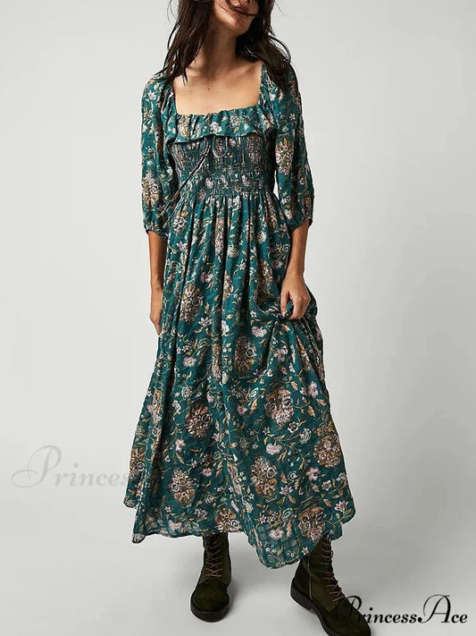 Stylish Bohemian Open-Back Frilly Flower Dress Green / S oldfloraldress-250126