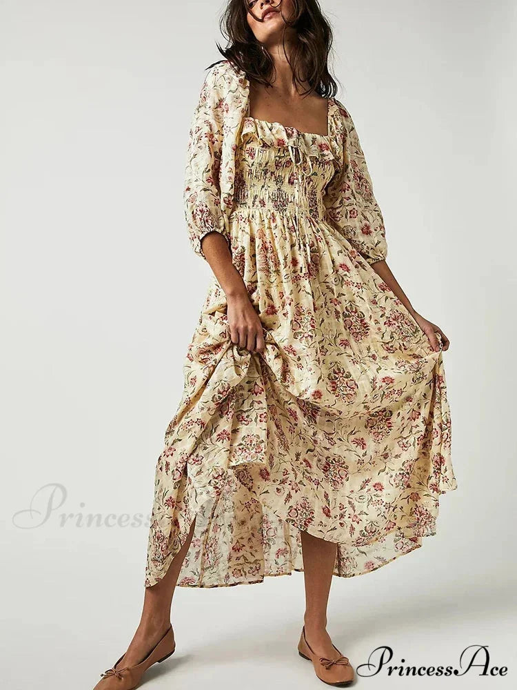 Stylish Bohemian Open-Back Frilly Flower Dress Yellow / S oldfloraldress-250126