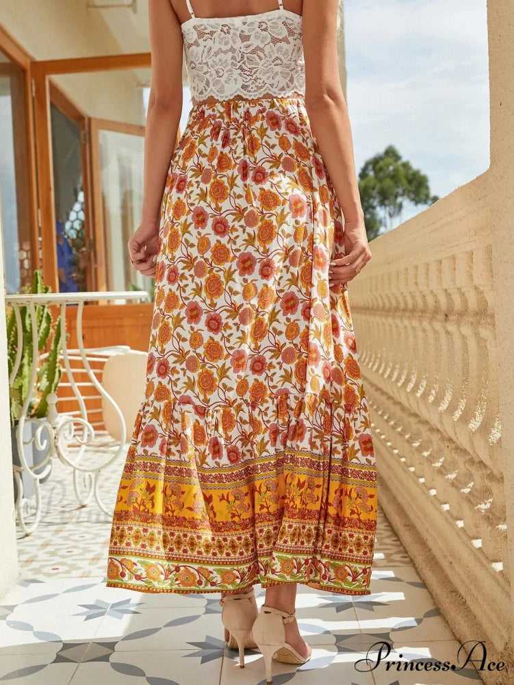 Stylish Bohemian Skirts Free Spirit Floral Printed High Waist Rayon Robes skirt-250126
