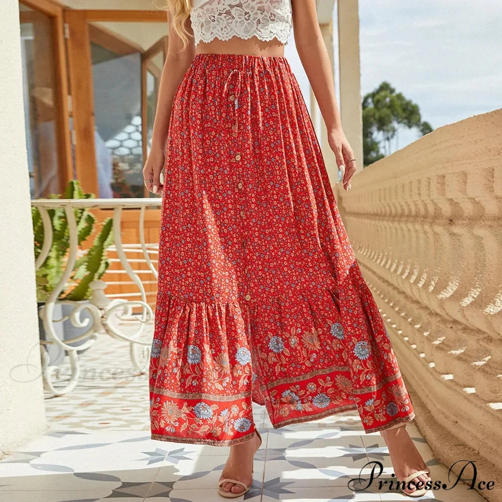 Stylish Bohemian Skirts Free Spirit Floral Printed High Waist Rayon Robes skirt-250126