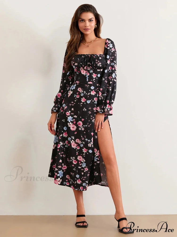 Stylish Botanical Midi Puff Sleeve Square Neck Floral Dress BLACK1 / S floraldress-250126