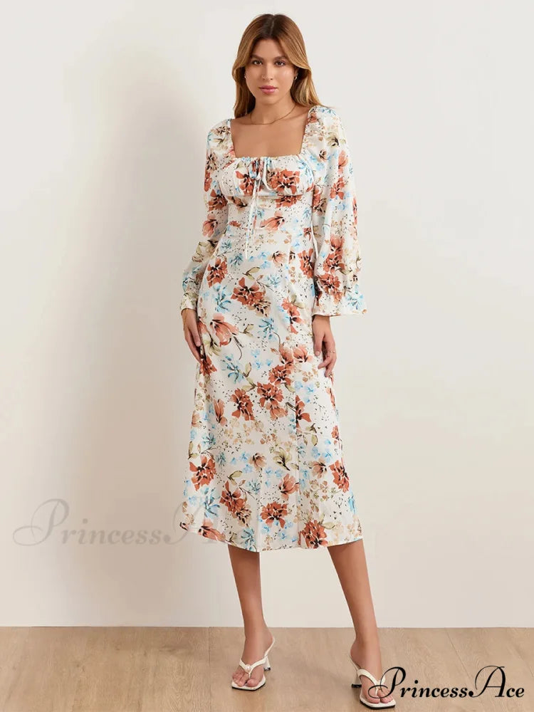 Stylish Botanical Midi Puff Sleeve Square Neck Floral Dress floraldress-250126