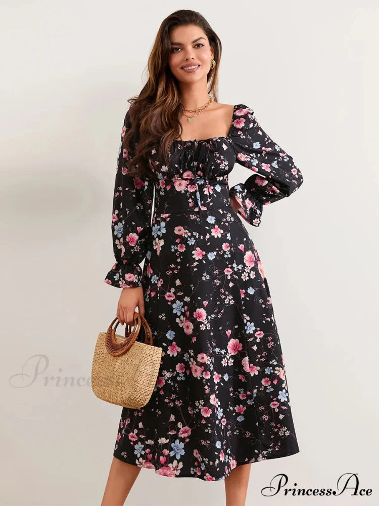 Stylish Botanical Midi Puff Sleeve Square Neck Floral Dress floraldress-250126