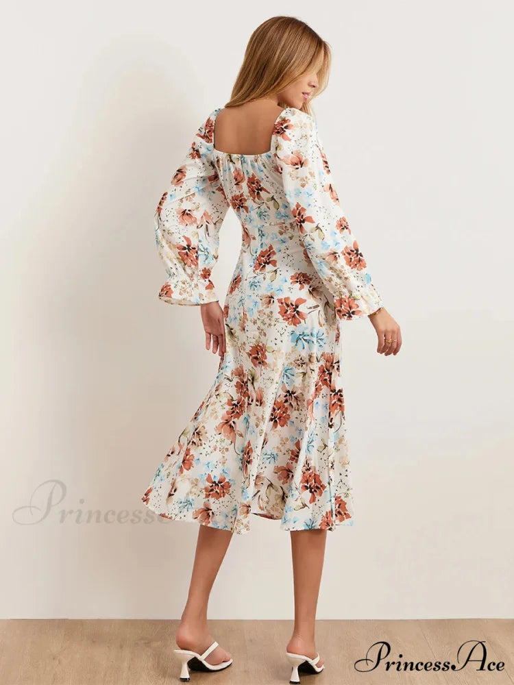 Stylish Botanical Midi Puff Sleeve Square Neck Floral Dress floraldress-250126