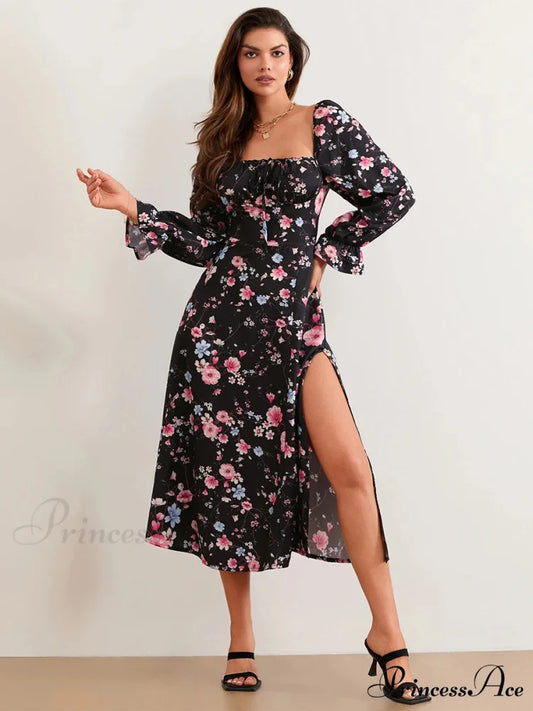 Stylish Botanical Midi Puff Sleeve Square Neck Floral Dress floraldress-250126