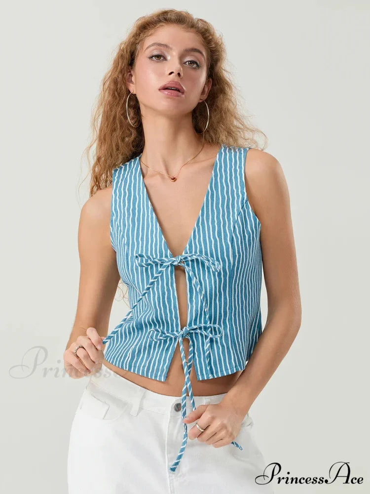 Stylish Bow Knotted Front Striped Sleeveless V-neck Crop Tank croptop-250126