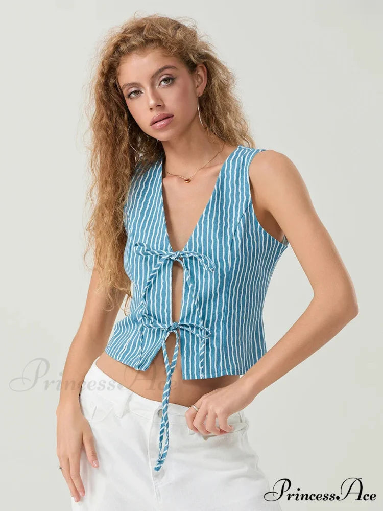 Stylish Bow Knotted Front Striped Sleeveless V-neck Crop Tank croptop-250126