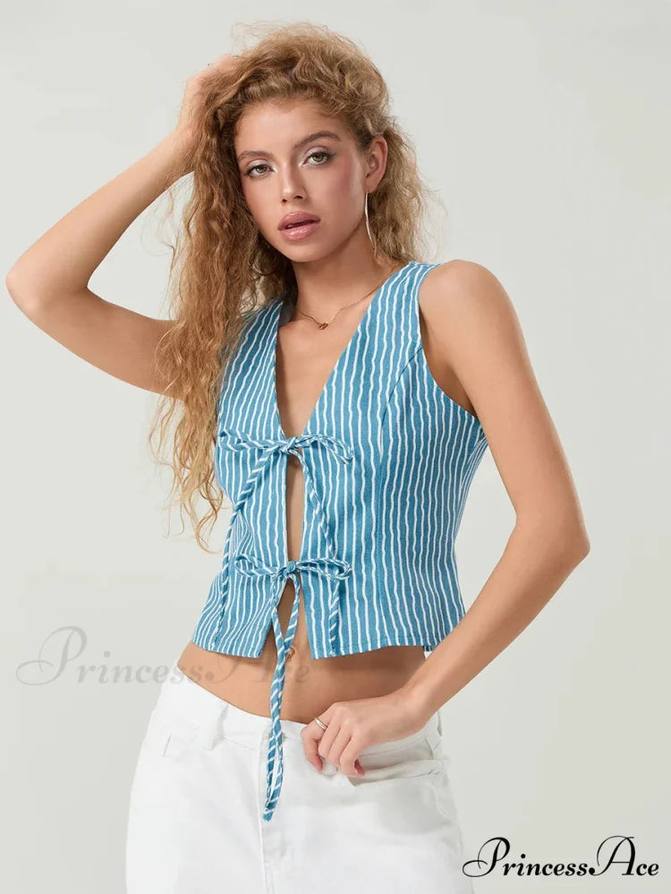 Stylish Bow Knotted Front Striped Sleeveless V-neck Crop Tank croptop-250126