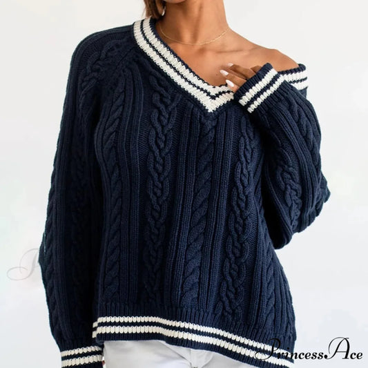 Stylish Braided Knit Striped V-neck Sweater swraters-241228