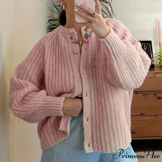 Stylish Button Up Retro 2000s Cardigan Pink / S cardigans-241228