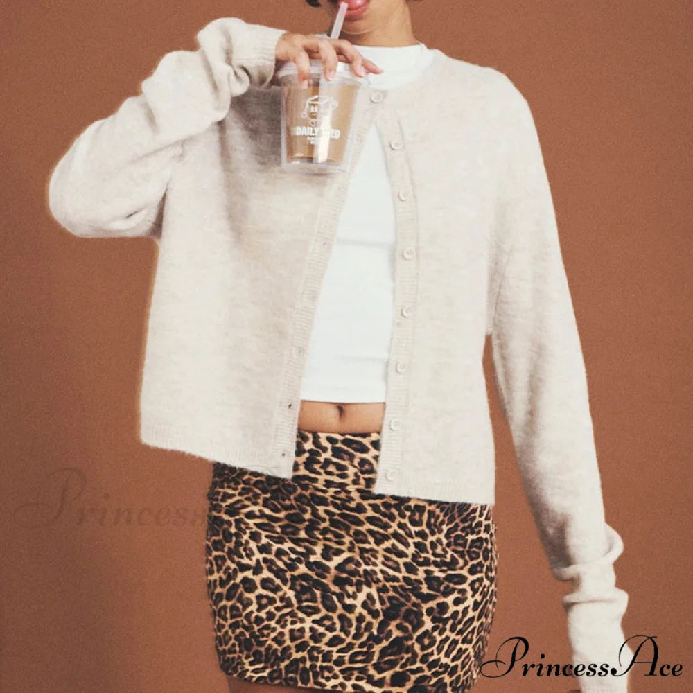 Stylish Crew Neck Button Up Front Cardigan Beige / S cardiagn-250126