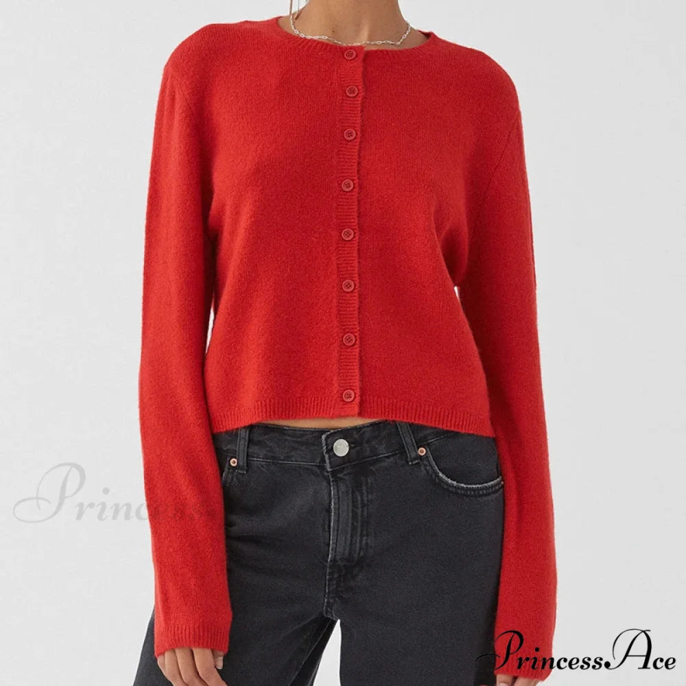 Stylish Crew Neck Button Up Front Cardigan Red / S cardiagn-250126