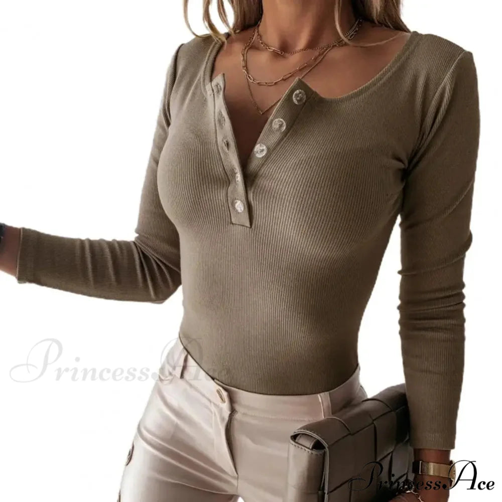 Stylish Crew Neck Solid Tailored Knit Top Coffee / S knittop-250126