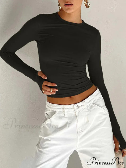 Stylish Crew Neck Trim Fit Extended Sleeve Knit Top with Thumb Holes Black / S knittop-250126