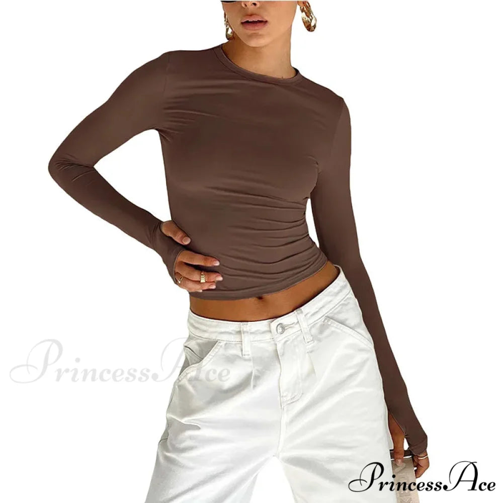 Stylish Crew Neck Trim Fit Extended Sleeve Knit Top with Thumb Holes Brown / S knittop-250126