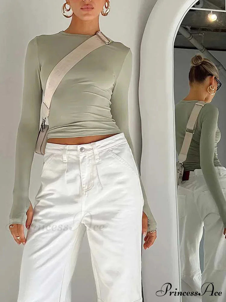 Stylish Crew Neck Trim Fit Extended Sleeve Knit Top with Thumb Holes knittop-250126