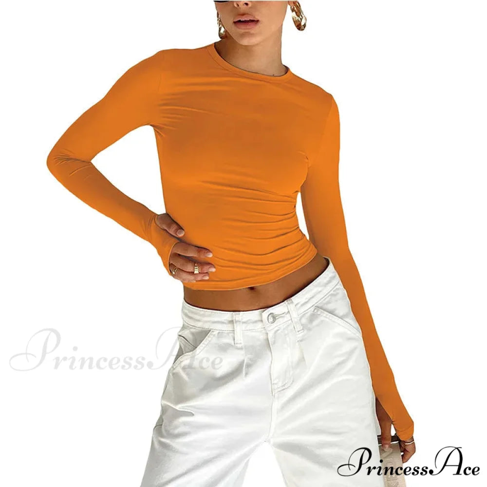 Stylish Crew Neck Trim Fit Extended Sleeve Knit Top with Thumb Holes Orange / S knittop-250126