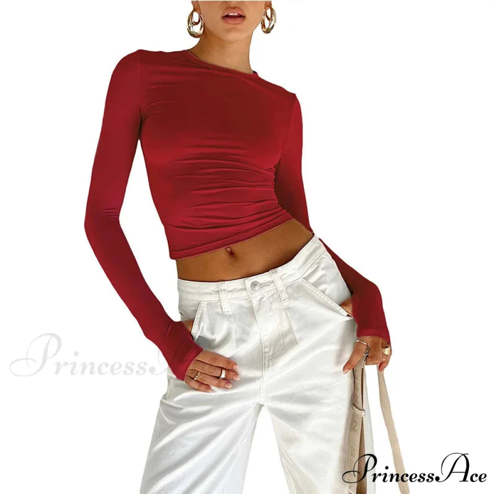 Stylish Crew Neck Trim Fit Extended Sleeve Knit Top with Thumb Holes Red / S knittop-250126