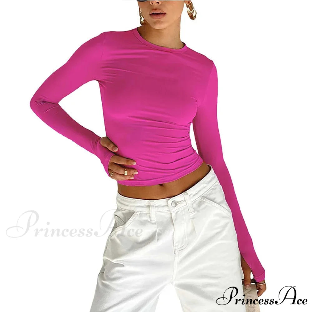Stylish Crew Neck Trim Fit Extended Sleeve Knit Top with Thumb Holes Rose Red / S knittop-250126