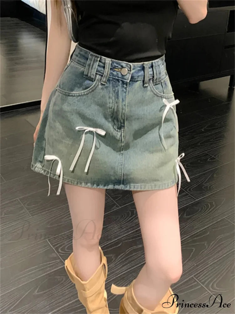 Stylish Denim Bow Detail Skirt Blue / S skirts-250223