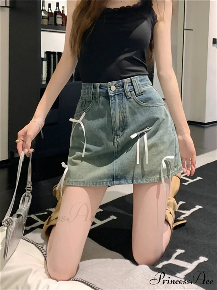 Stylish Denim Bow Detail Skirt skirts-250223