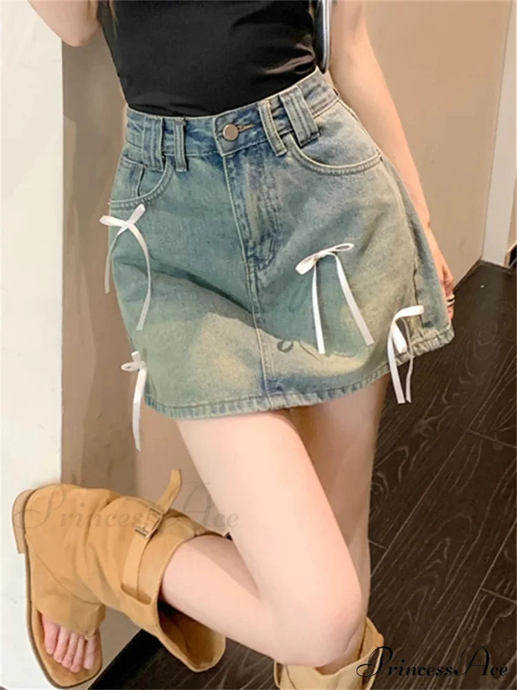 Stylish Denim Bow Detail Skirt skirts-250223