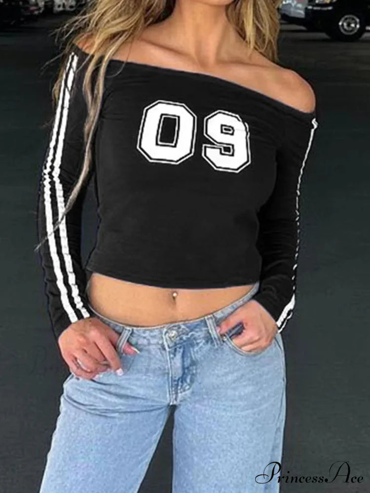 Stylish Elegant Number Printed Soccer Jersey Slim Slash Neck Knit Top Black / S knittop-250126