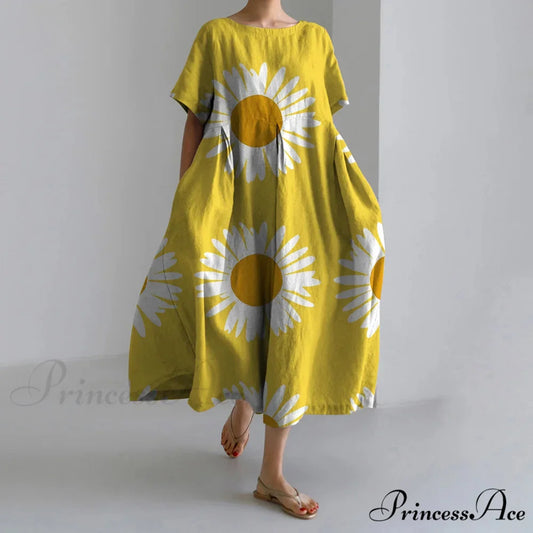 Stylish Fall Vintage Flower Pattern Circular Neck Evening Gown yellow1 / S oldfloraldress-250126