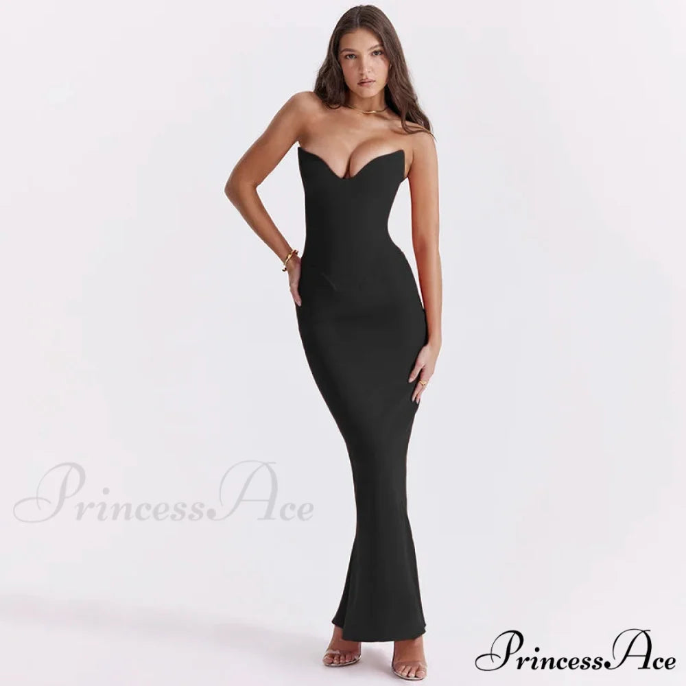 Stylish Fishbone Thin Sheath Fishtail Maxi Dress Black / S