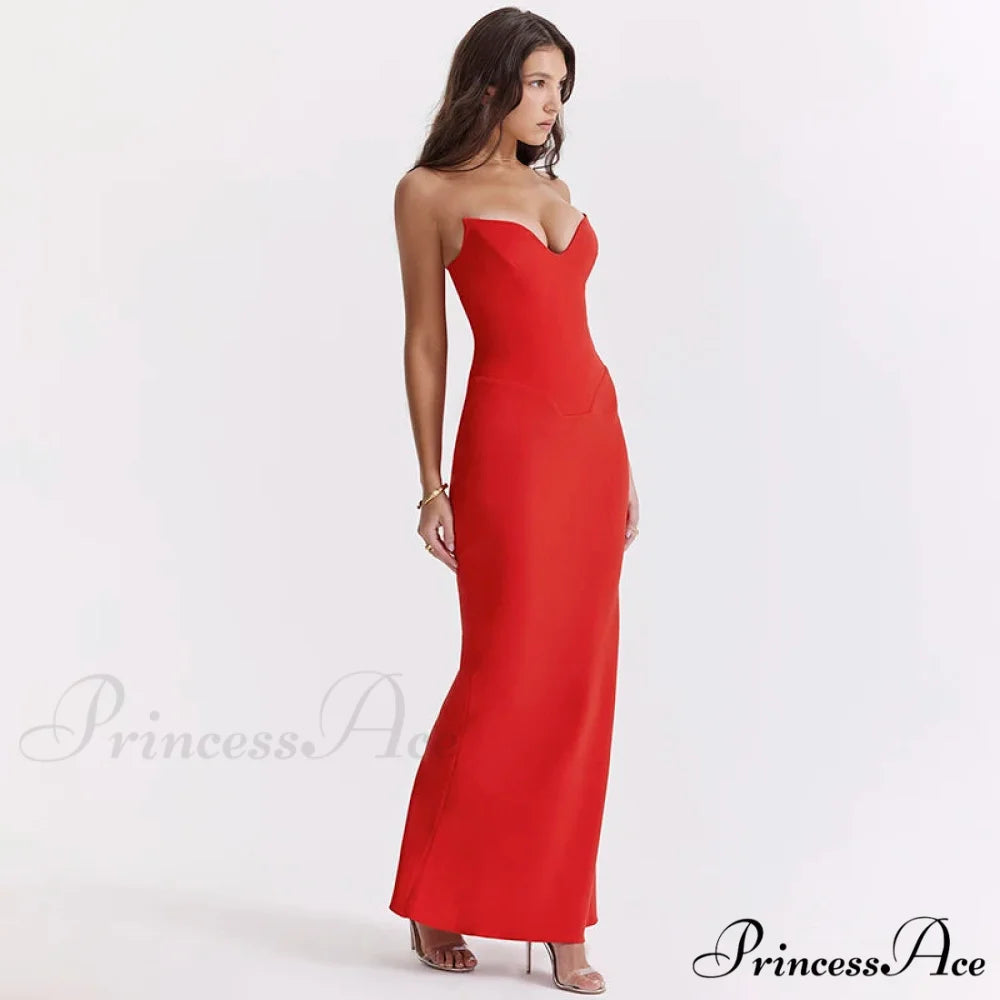 Stylish Fishbone Thin Sheath Fishtail Maxi Dress Red / S