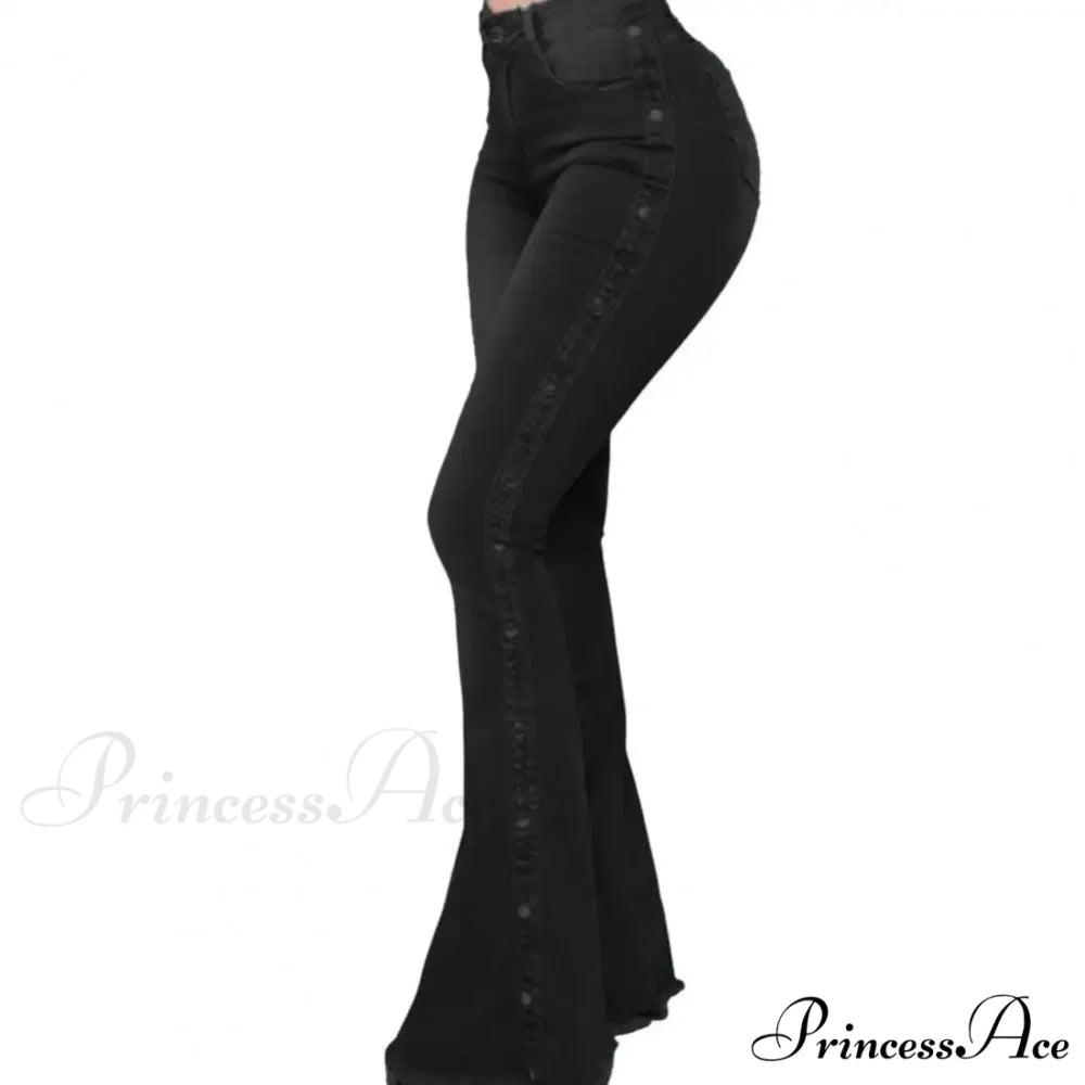 Stylish Flare Control Tummy Skin-Touch Skinny Women Wide Leg Flare Denim Trousers Jeans Black / S
