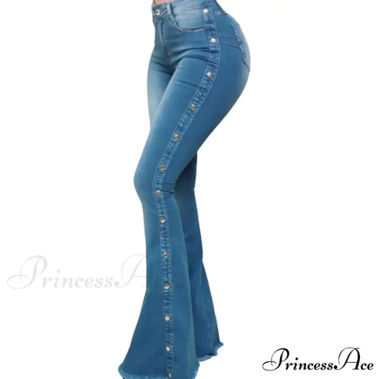 Stylish Flare Control Tummy Skin-Touch Skinny Women Wide Leg Flare Denim Trousers Jeans Blue / S