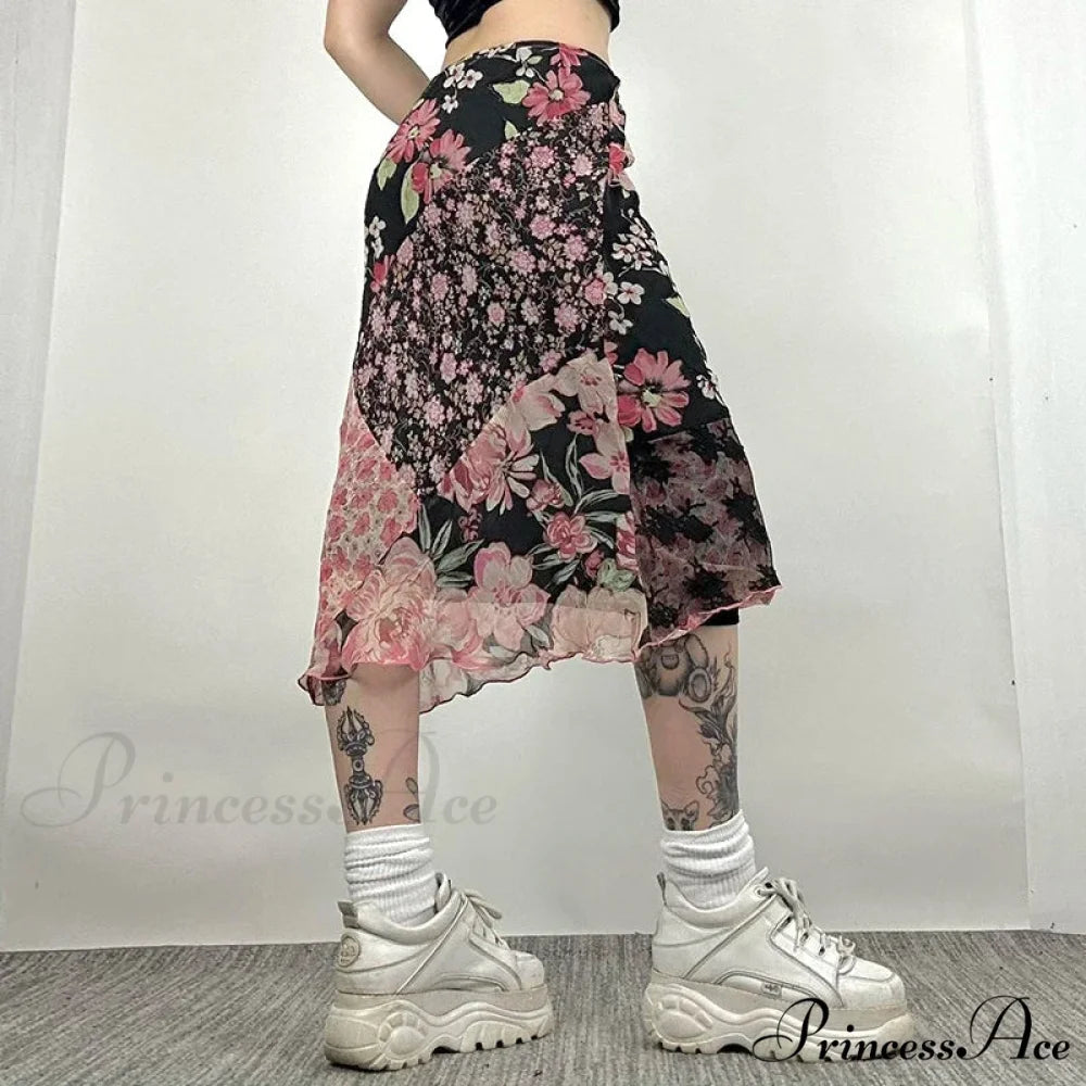 Stylish Flower Pattern Low Cut Patchwork Skirt skirt-250126